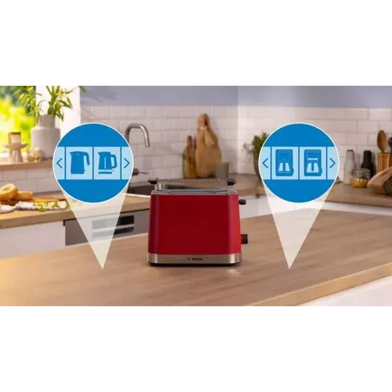 Bosch TAT4M224 leivänpaahdin 2 viipaletta 950 W punainen ruostumaton teräs