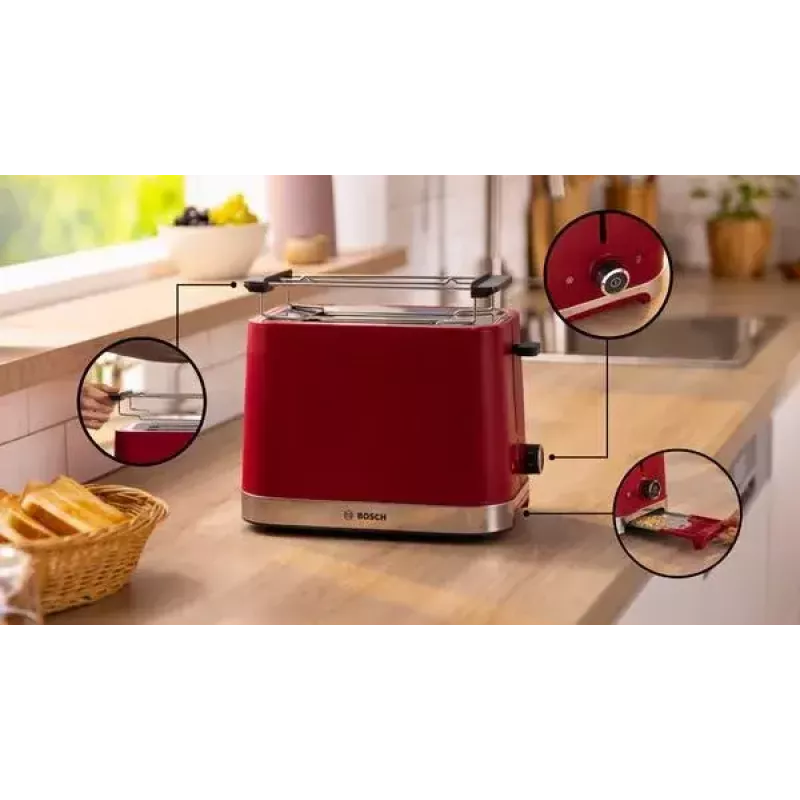 Bosch TAT4M224 leivänpaahdin 2 viipaletta 950 W punainen ruostumaton teräs