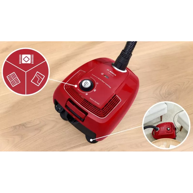Lattiapölynimuri Bosch Serie 4 BGD38RD1H, 600 W, 4 l pölypussi, kuivapuhdistus, punainen