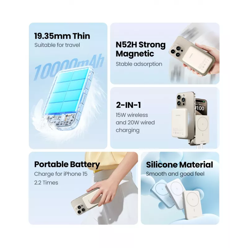 Ugreen 25208 powerbank 10000 mAh langaton lataus beige