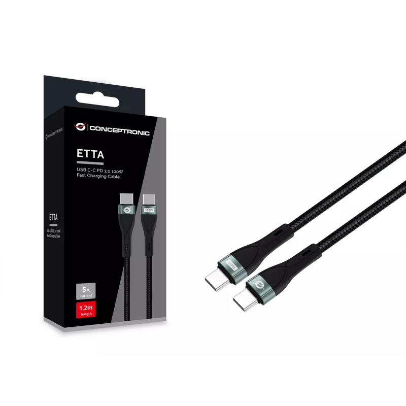 Conceptronic ETTA01B12 USB-C-C PD 3.0 100W pikalaturikaapeli 1,2 m, 20V 5A, 480 Mbit/s, E-Mark