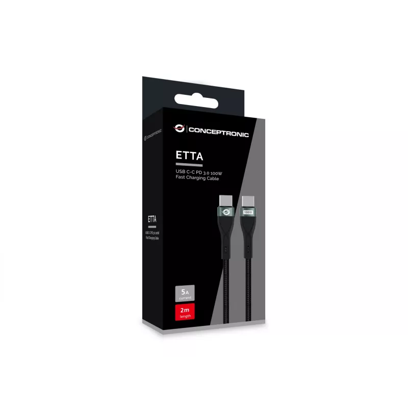 Conceptronic ETTA01B20 USB C-C PD 3.0 100W pikalaturikaapeli 2M, 20V 5A, 480Mbps, E-Mark