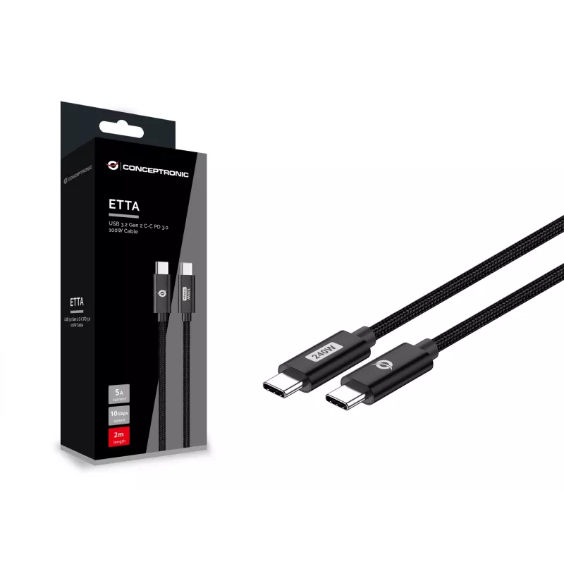 Conceptronic ETTA03B12 USB-C–USB-C PD 3.1 240 W pikalatauskaapeli 1,2 m, 48 V 5 A, 480 Mbit/s, E-Mark