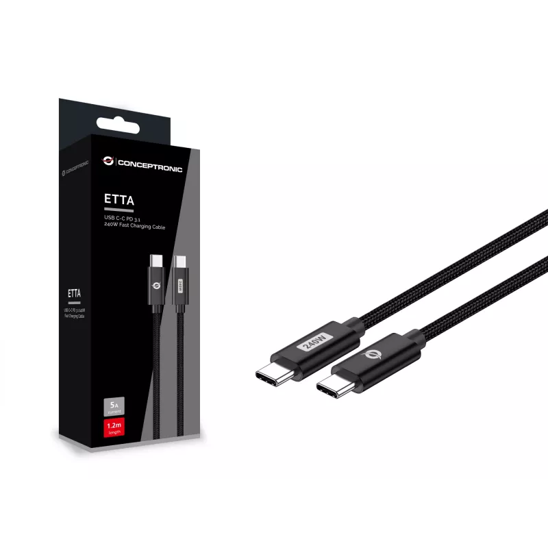 Conceptronic ETTA03B20 USB-C–USB-C PD 3.1 240 W pikalatauskaapeli, 2 m, 48 V/5 A, 480 Mbit/s, E-Mark