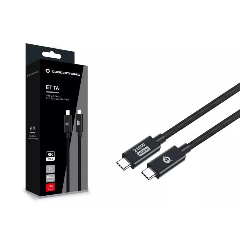 Conceptronic ETTA04B12 USB 4.0 Gen 3 C-C PD 3.1 240W kaapeli 1,2 m, 48 V 5 A, 40 Gbit/s, E-Mark