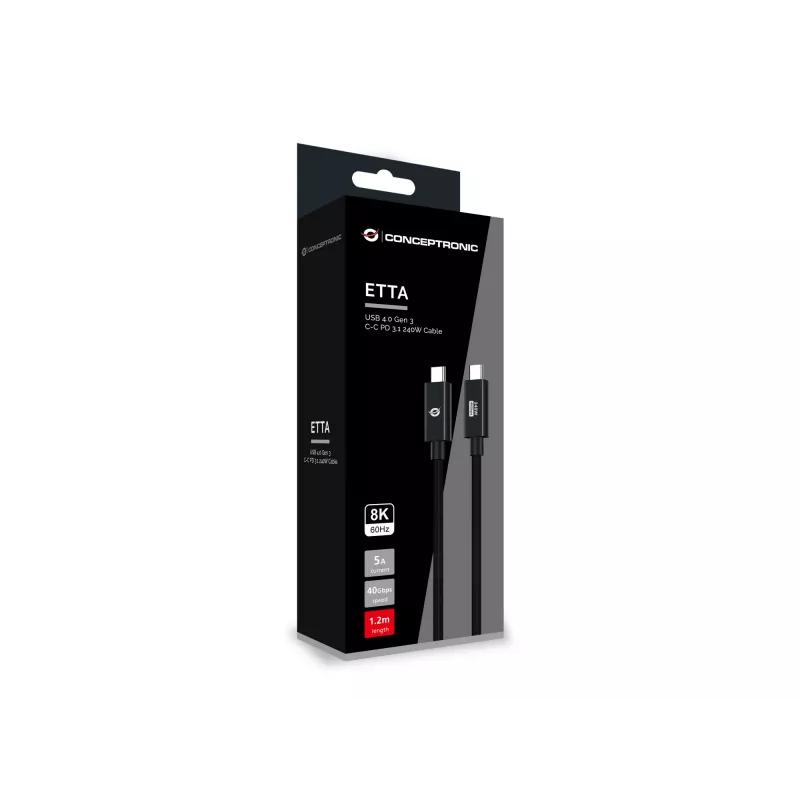 Conceptronic ETTA04B12 USB 4.0 Gen 3 C-C PD 3.1 240W kaapeli 1,2 m, 48 V 5 A, 40 Gbit/s, E-Mark
