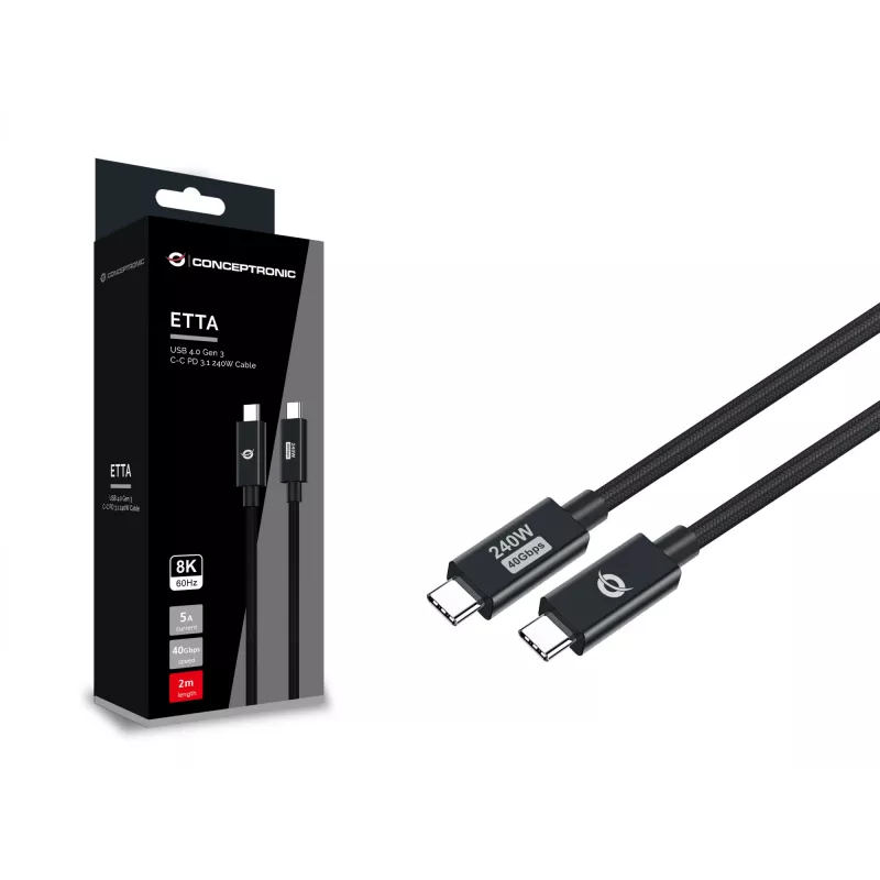 Conceptronic ETTA04B20 USB 4.0 Gen 3 C-C PD 3.1 240W kaapeli 2M, 48V 5A, 40Gbps, E-Mark