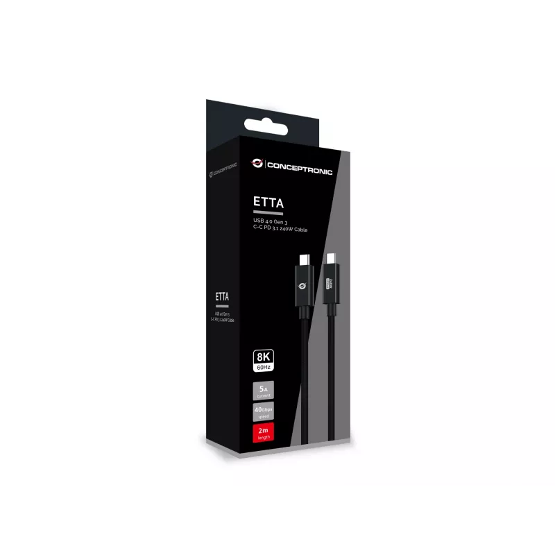 Conceptronic ETTA04B20 USB 4.0 Gen 3 C-C PD 3.1 240W kaapeli 2M, 48V 5A, 40Gbps, E-Mark