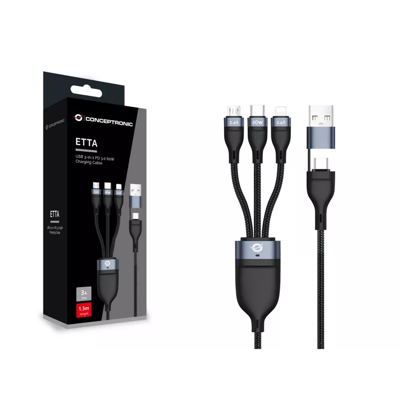 Conceptronic ETTA05B15 USB 3-in-1 PD 3.0 60W latauskaapeli 1,5 m, 20V 3A, 480Mbps