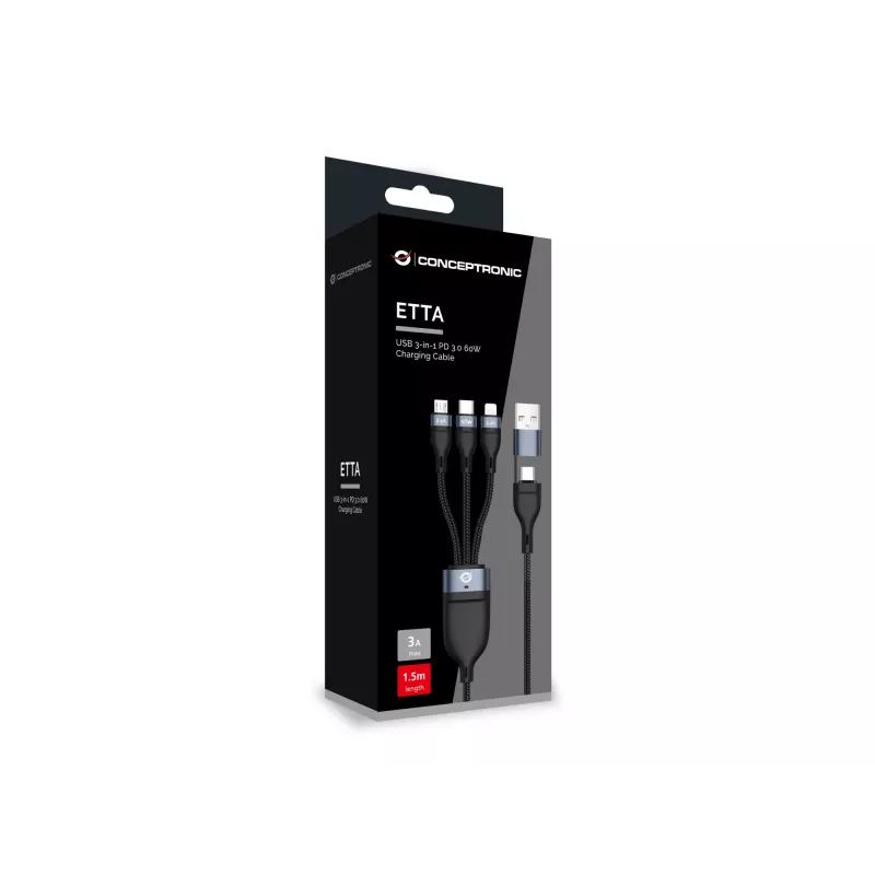 Conceptronic ETTA05B15 USB 3-in-1 PD 3.0 60W latauskaapeli 1,5 m, 20V 3A, 480Mbps