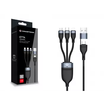 Conceptronic ETTA06B15 USB 3-in-1 PD 3.0 100W pikalaturikaapeli 1,5 m, 20V 5A, 480 Mbit/s, E-Mark