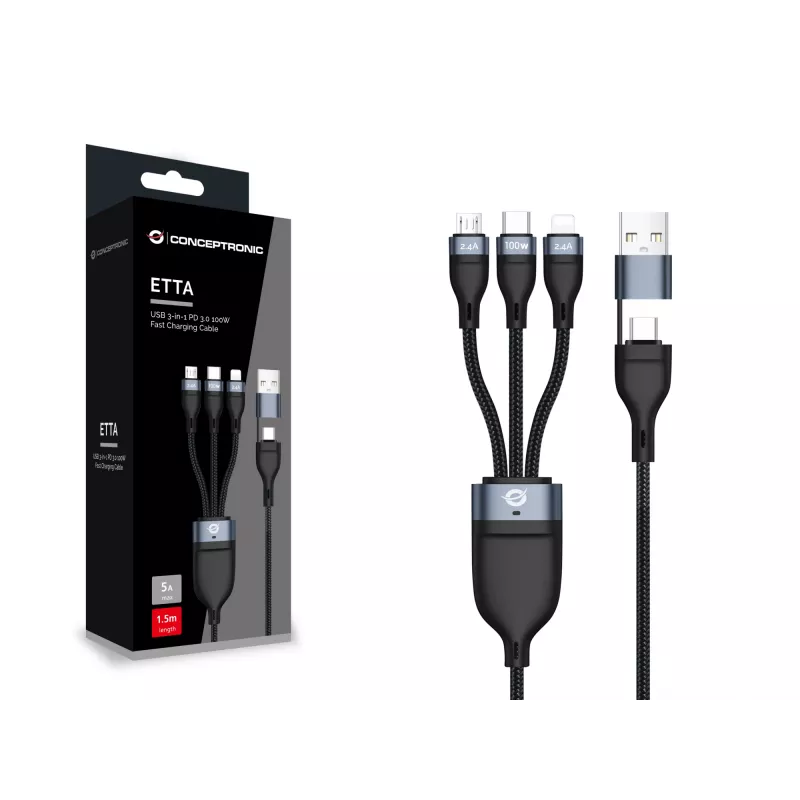 Conceptronic ETTA06B15 USB 3-in-1 PD 3.0 100W pikalaturikaapeli 1,5 m, 20V 5A, 480 Mbit/s, E-Mark