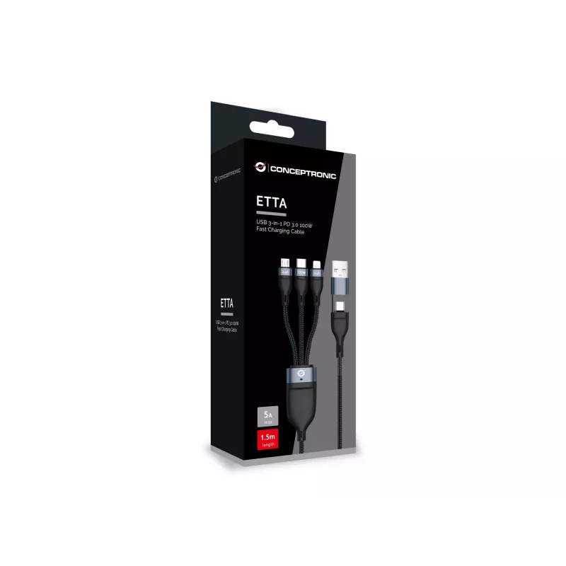 Conceptronic ETTA06B15 USB 3-in-1 PD 3.0 100W pikalaturikaapeli 1,5 m, 20V 5A, 480 Mbit/s, E-Mark