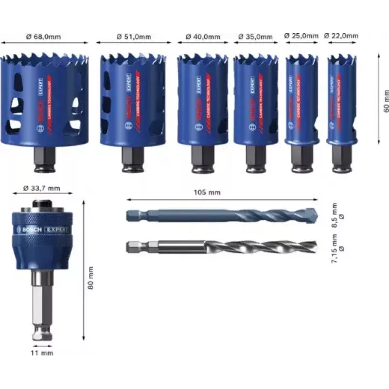 Bosch 2 608 900 446 Expert Tough Material -reikäsahasarja, 9 kpl, 22–68 mm, Power Change Plus -adapterilla