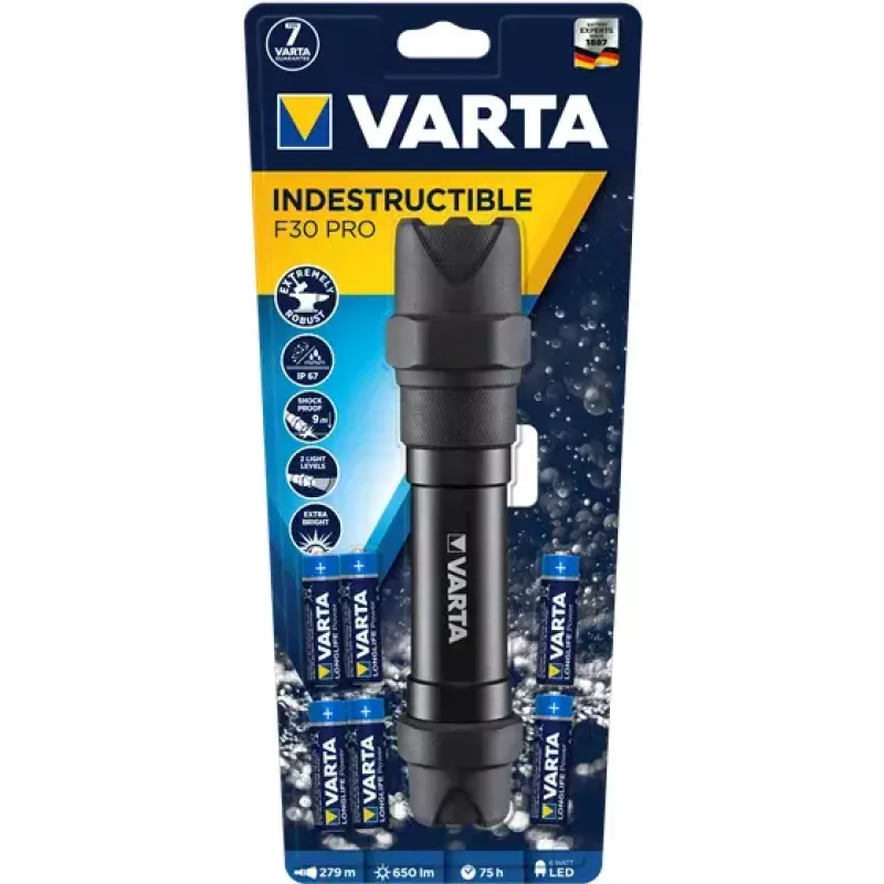 Varta Indestructible F30 Pro 18714101421 LED-taskulamppu, 6 W, 650 lm, alumiini, musta