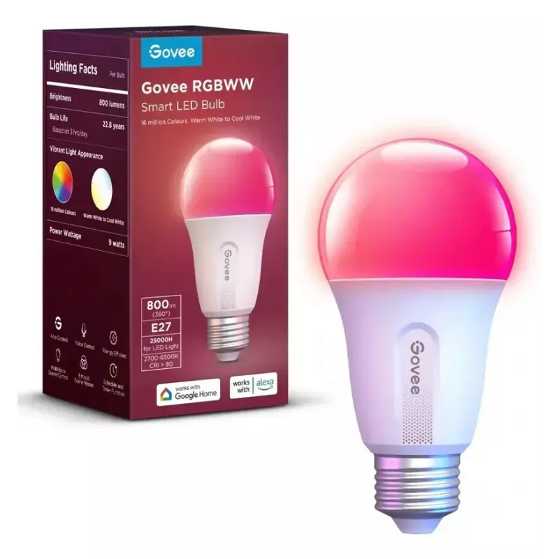 Govee äly-WiFi&BLE-lamppu 800 lm — E27, 9 W, Wi‑Fi/Bluetooth, valkoinen