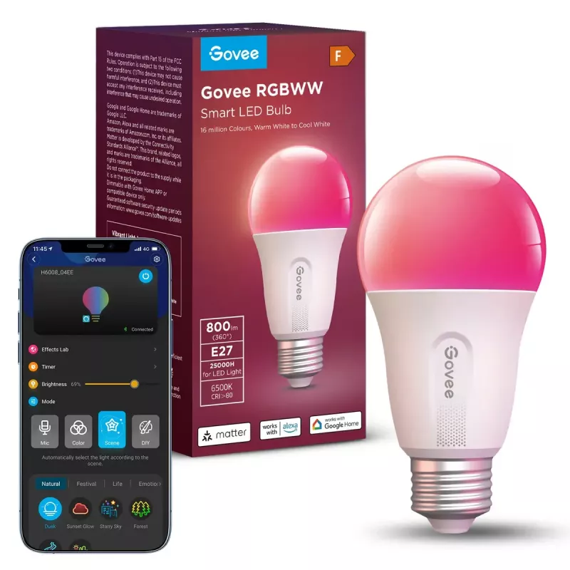 Govee äly-WiFi&BLE-lamppu 800 lm — E27, 9 W, Wi‑Fi/Bluetooth, valkoinen