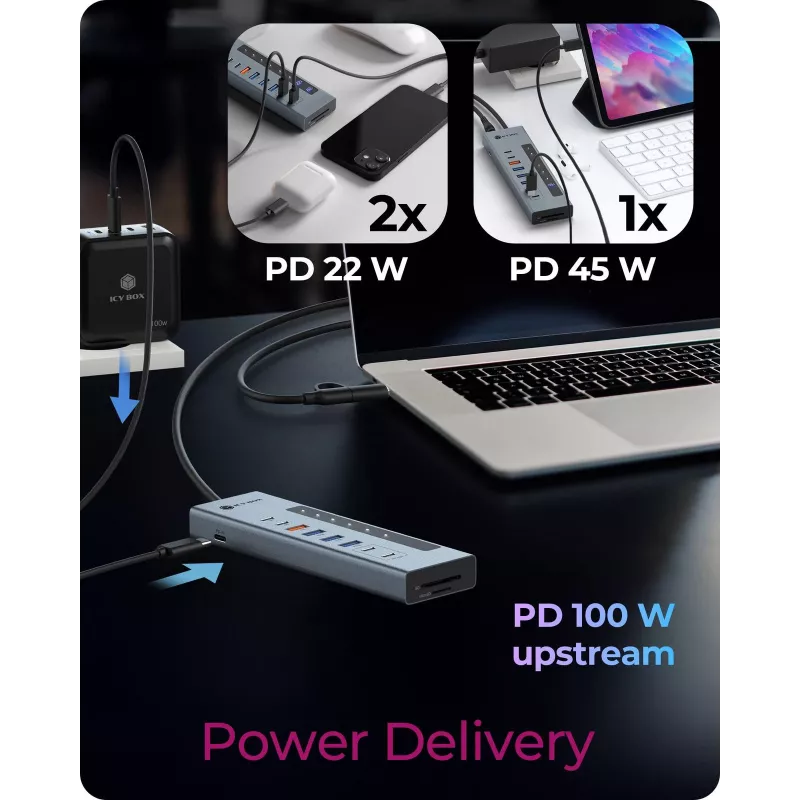 ICY BOX 11-in-1 USB Type-C -keskitin kortinlukijalla ja PD:llä