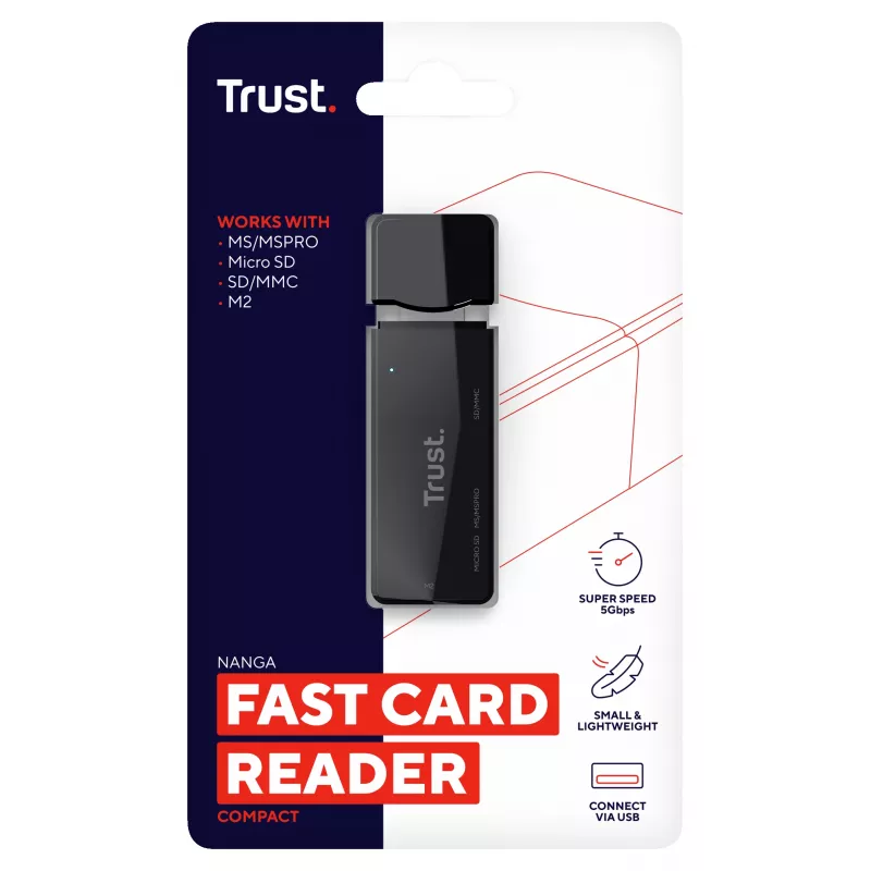 Trust Nanga 21935 kortinlukija, USB 3.1 Gen 1, Type-A, SD/microSD/MS, musta