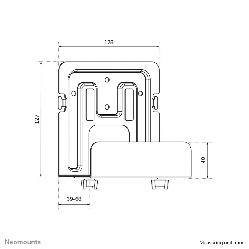 Neomounts AWL-450BL mediasoittimen pidike, universaali, sopii myös Apple TV:lle, 5 kg, syvyys 47–76 mm, 128 mm, teräs, musta