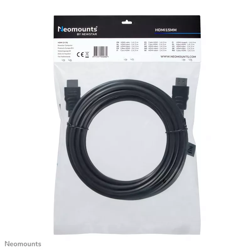 Neomounts HDMI15MM HDMI-kaapeli – 5 metriä, 5 m, HDMI tyyppi A (standardi), HDMI tyyppi A (standardi), 10,2 Gbit/s, musta