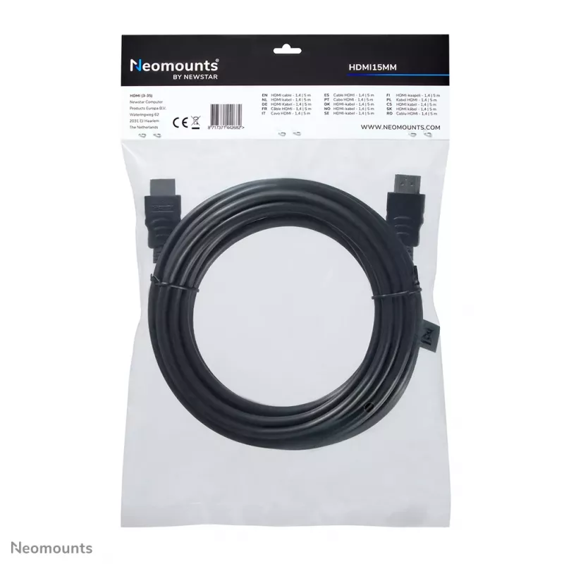 Neomounts HDMI15MM HDMI-kaapeli – 5 metriä, 5 m, HDMI tyyppi A (standardi), HDMI tyyppi A (standardi), 10,2 Gbit/s, musta
