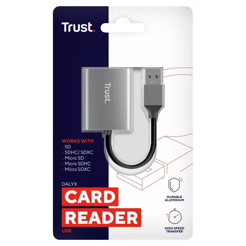 Trust Dalyx 24135 muistikortinlukija, USB 3.2 Gen 1, microSD/SD/SDHC/SDXC, hopea