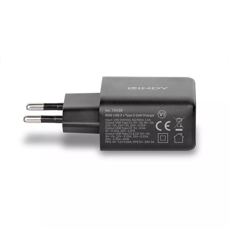 Lindy 65W USB 2 x Type-C GaN-laturi 73438
