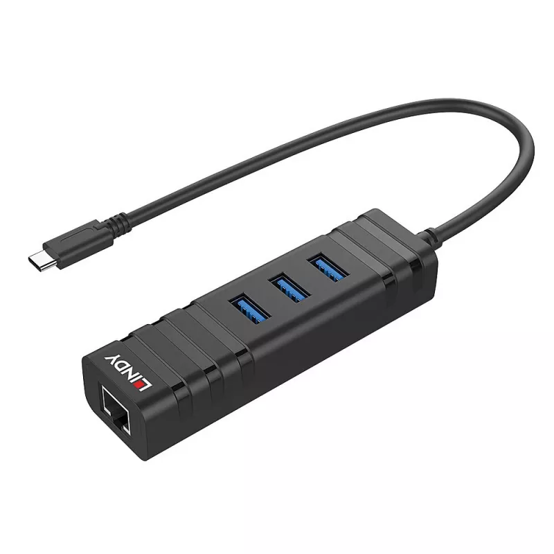 USB-keskitin Lindy USB 3.2 Type-C -keskitin ja Gigabit Ethernet -muunnin