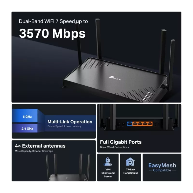 TP-Link Archer BE220 WLAN-reititin Gigabit Ethernet dualband (2,4 GHz / 5 GHz) musta