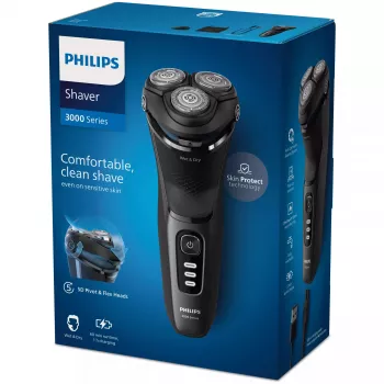 Sähköinen pyörivä parranajokone Philips 3000 Series S3244/12 – 3 ajopäätä, märkä & kuiva, Li-Ion, 60 min käyttöaika, pop-up-trimmeri, pestävä, musta