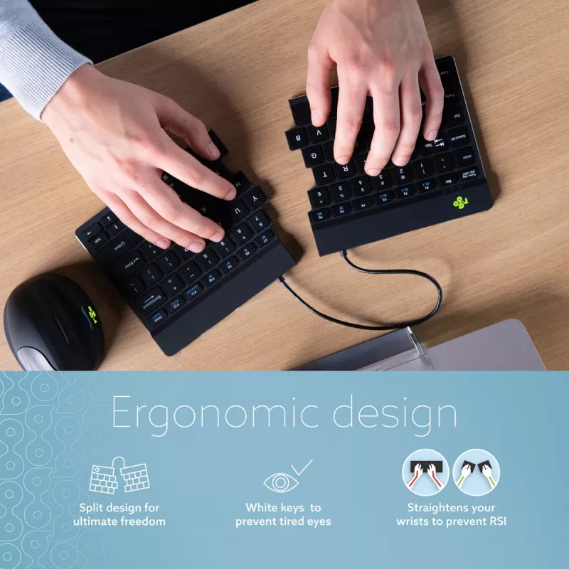 R-Go Tools ergonominen näppäimistö R-Go Split Break tauko-ohjelmistolla, ergonominen jaettu näppäimistö, QWERTY (US), Bluetooth, musta
