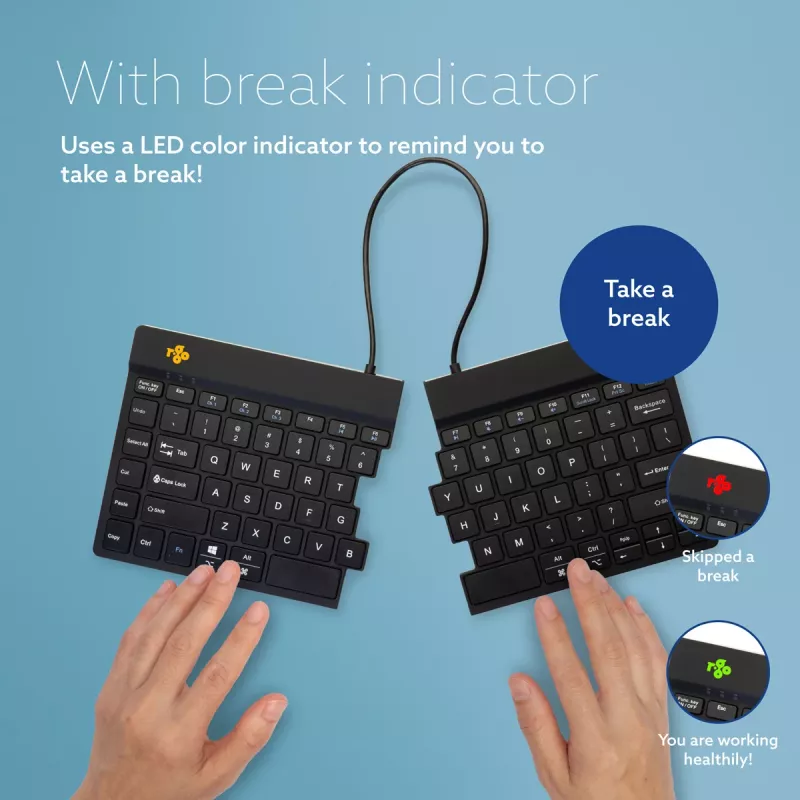 R-Go Tools ergonominen näppäimistö R-Go Split Break tauko-ohjelmistolla, ergonominen jaettu näppäimistö, QWERTY (US), Bluetooth, musta