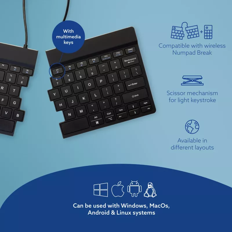 R-Go Tools ergonominen näppäimistö R-Go Split Break tauko-ohjelmistolla, ergonominen jaettu näppäimistö, QWERTY (US), Bluetooth, musta