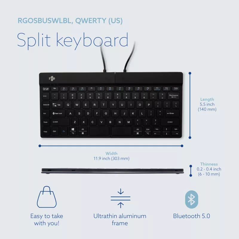 R-Go Tools ergonominen näppäimistö R-Go Split Break tauko-ohjelmistolla, ergonominen jaettu näppäimistö, QWERTY (US), Bluetooth, musta