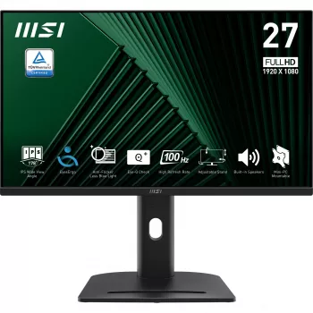 MSI PRO MP275PG 27 tuuman näyttö, FHD (1920 x 1080), 100Hz, IPS, 1ms, 1x HDMI 1.4b, 1x DP 1.2a lähtö, 1x D-Sub (VGA), sisäänrakennetut kaiuttimet, heijastamaton, välkytön, vähemmän sinistä valoa, TÜV-sertifioitu, VESA, Kensington, 4-fach verstellbarer S