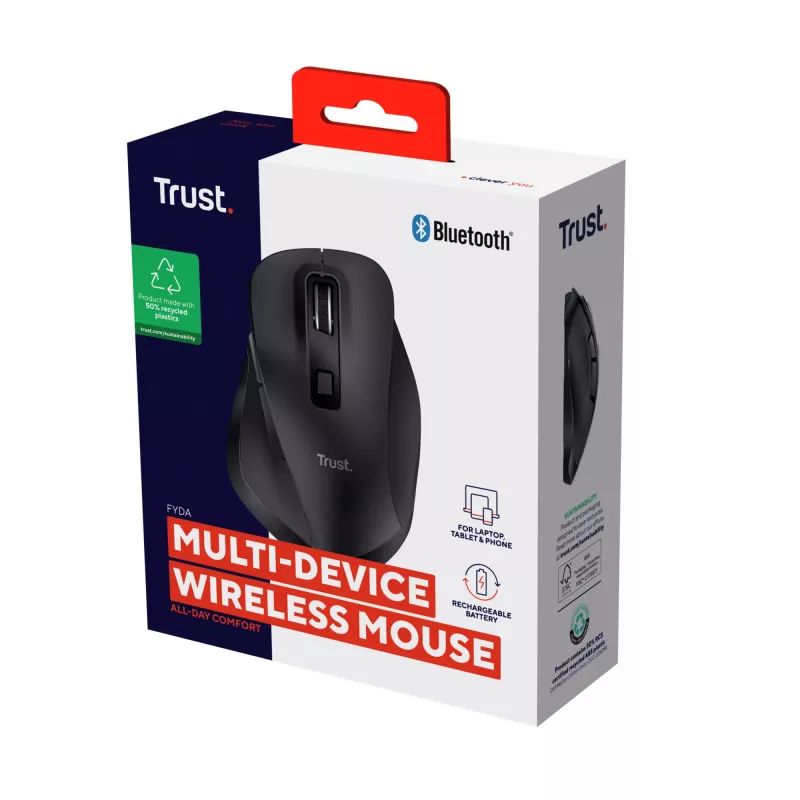 TRUST Fyda Office ergonominen oikeakätinen langaton hiiri – RF + Bluetooth 5.2 – optinen 2400 DPI – 6 painiketta – musta
