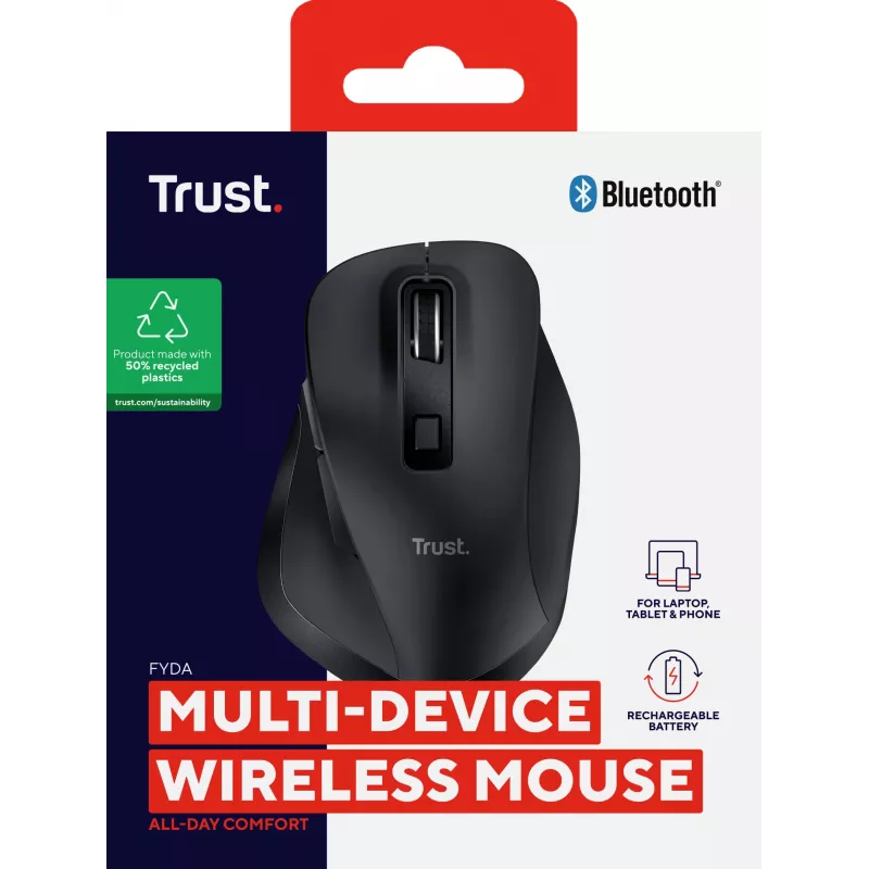 TRUST Fyda Office ergonominen oikeakätinen langaton hiiri – RF + Bluetooth 5.2 – optinen 2400 DPI – 6 painiketta – musta