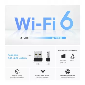 Langaton USB-sovitin TP‑Link Archer TX1U Nano Wi‑Fi 6 (IEEE 802.11ax) dual‑band 2,4/5 GHz, 287 Mbit/s, Bluetooth, USB 2.0, musta