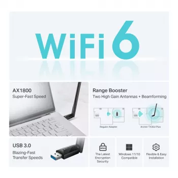 Langaton USB-WLAN-sovitin TP-LINK Archer TX35U PLUS — WLAN 6 dualband 1201 Mbit/s, USB-käyttöinen, musta