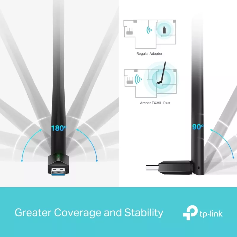 Langaton USB-WLAN-sovitin TP-LINK Archer TX35U PLUS — WLAN 6 dualband 1201 Mbit/s, USB-käyttöinen, musta
