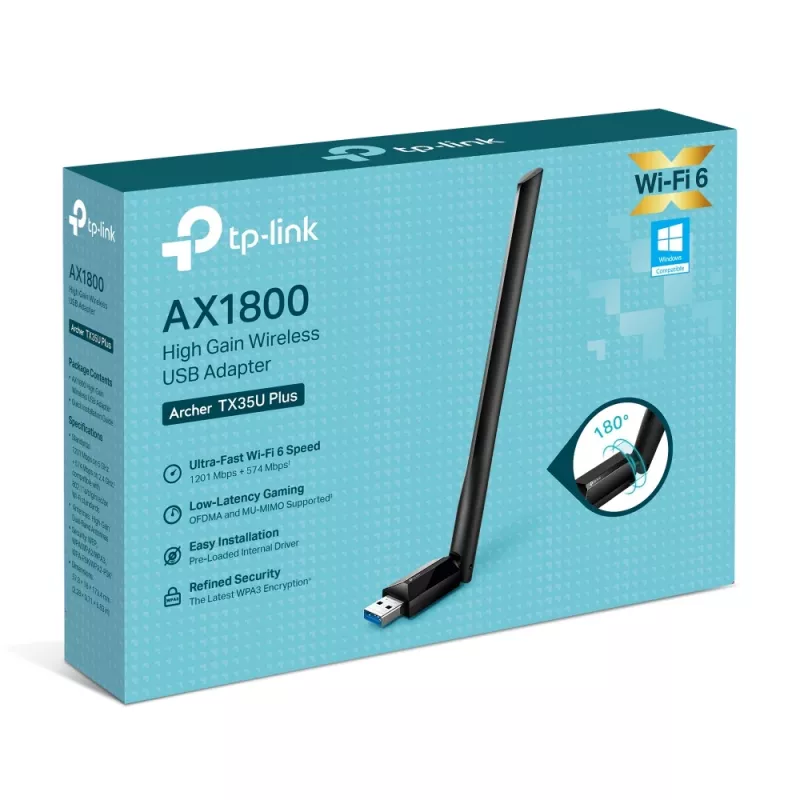 Langaton USB-WLAN-sovitin TP-LINK Archer TX35U PLUS — WLAN 6 dualband 1201 Mbit/s, USB-käyttöinen, musta