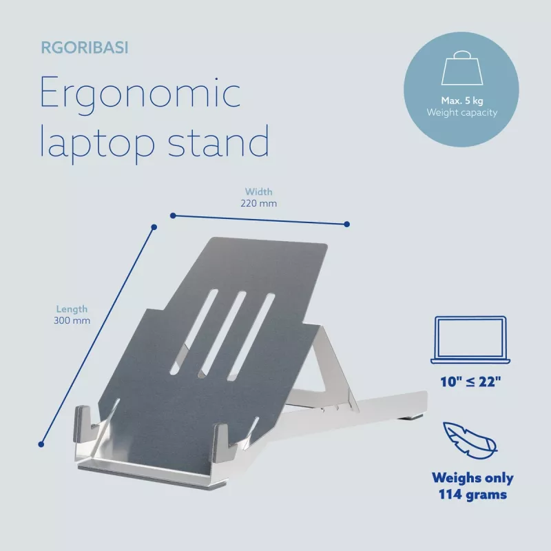 R-Go Tools kannettavan pidike R-Go Riser Basic, taitettava ja säädettävä kannettavan teline, alumiini, hopea