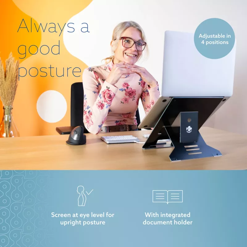 R-Go Tools kannettavan teline R-Go Riser Document, ergonominen, taittuva ja säädettävä teline asiakirjatelineellä, musta