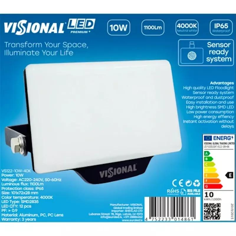 VISIONAL VS122-10W-40K LED-seinävalaisin — 10 W, 1100 lm, 4000 K ulko-/julkisivuvalaistukseen