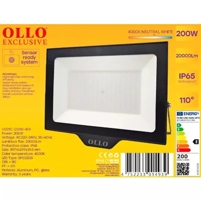 OLLO VS121C-200W-40K ulko-LED-valonheitin — 200 W, 20 000 lm, 4000 K