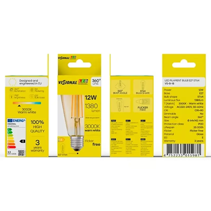 LED-hehkulamppu VISIONAL VS-B-18 12W 1380 lm 3000K