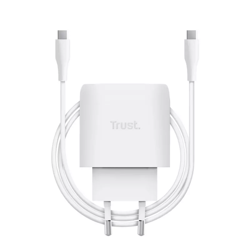 TRUST Maxo 45W USB-C GaN-laturi, 45 W, USB-C-lähtö, max. 20 V, 2 m kaapeli, valkoinen