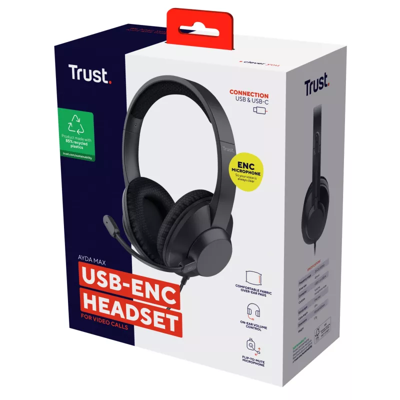 Trust Ayda Max kuulokemikrofoni johdollinen pääpanta puhelut/musiikki USB Type-C / USB Type-A musta