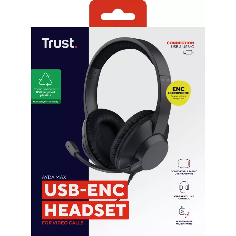 Trust Ayda Max kuulokemikrofoni johdollinen pääpanta puhelut/musiikki USB Type-C / USB Type-A musta